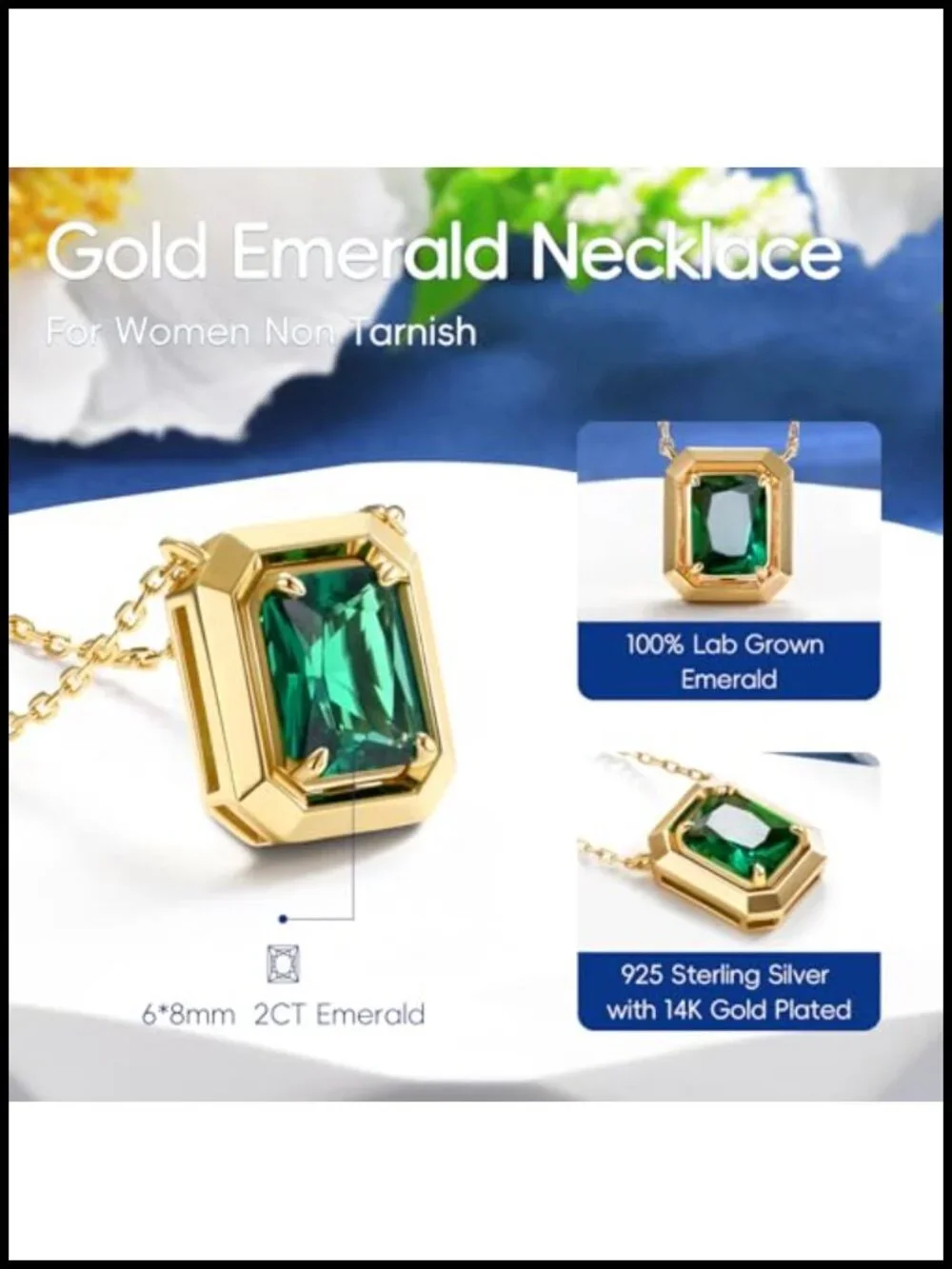 2CT Lab Grown Emerald Pendant Necklace, 925 Sterling Silver with 14K Gold